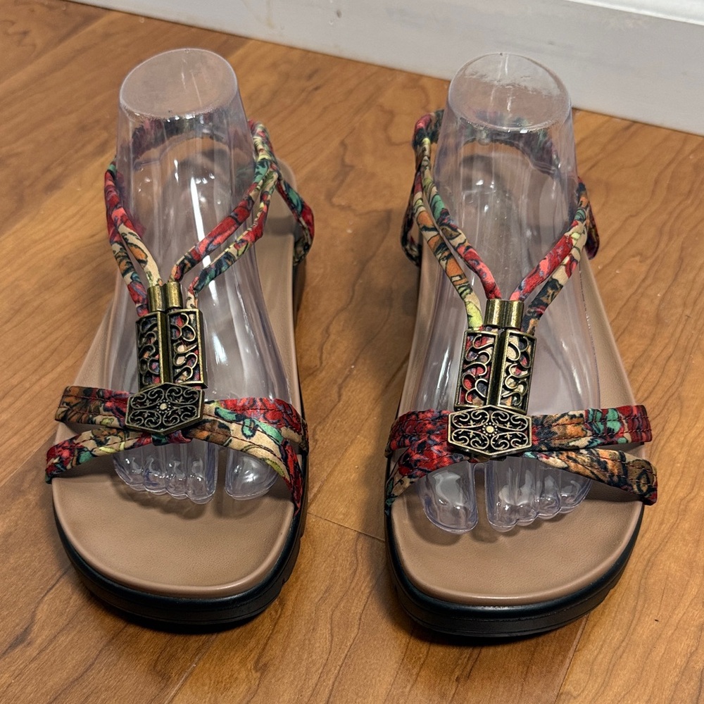 Alegria PG Lite Roz Get Away Tan Black Floral Strap Sandals Resortwear Boho 41